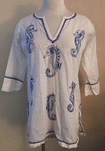 Gretchen Scott Designs Womens White Tunic Blouse Top Nautical Blue Sea H... - £18.01 GBP