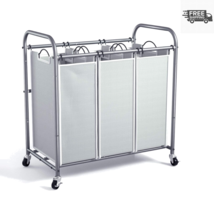 Heavy-Duty Laundry Sorter 3 Section with Removable Bags - Capacity -Wheels -Grey - £50.34 GBP