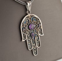 Sterling Silver Judaica Hamsa Pendant with Amethyst Accents 23&quot; - $534.60