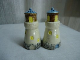 g162 Ceramic Nautical Lighthouse Salt &amp; Pepper Shaker Blue Yellow Displa... - $8.00