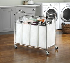 Chrome Metal Quad Laundry Hamper 4 Removable Sorter Bags Clothes Organiz... - $121.99