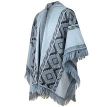 LIGHT BABY ALPACA WOOL HOODED PONCHO FRINGE UNISEX HANDMADE SKY BLUE &amp; C... - $72.22