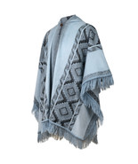 LIGHT BABY ALPACA WOOL HOODED PONCHO FRINGE UNISEX HANDMADE SKY BLUE &amp; C... - £56.46 GBP