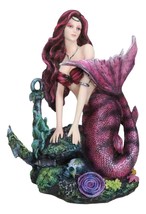 Siren Mermaid Sitting By Sunken Ship Anchor Skull Corals Ocean Graveyard Statue - $59.99