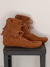 Women&#39;s MINNETONKA 622 Fringe Soft Sole Brown Suede Moccasins Ankle Boots Size 5 - £18.49 GBP