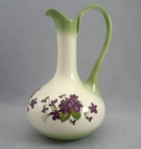 Purple Violets Decorative Ceramic Ewer Pitcher Vase 9&quot; Sage Green Cream ... - $29.39