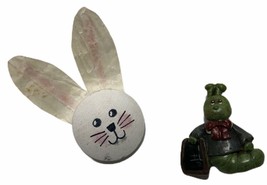 Resin Bookworm Pin &amp; Wooden Bunny Face Brooch Lot of 2 Vintage Costume Jewelry - £11.02 GBP