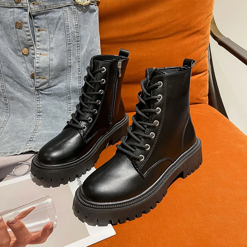 2024 White Combat Boots Women PU Leather Ankle Boots  Shoes Fashion  Up Black Mo - £68.85 GBP