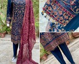 Pakistani Navy Blue 3pcs Fancy  Chiffon Dress with embroidery &amp; Squins w... - £94.62 GBP