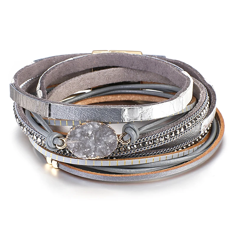 Multilayer Genuine Leather Bracelets for Women Fashion Boho Resin Charm Rhinesto - £16.39 GBP