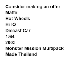 Mattel Hot Wheels Hi IQ Diecast Car Monster Mission Multipack 2003 Copper - £6.14 GBP