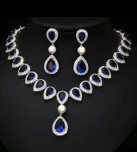 83.50CT Simulated Blue Sapphire ,Pearl & Diamond Sterling Silver Necklace - £285.06 GBP