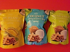 3 PACK CRISPY COCONUT ROLL ,DURIAN &amp; COCONUT FLAVOR - £18.68 GBP