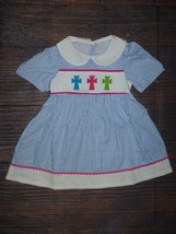 NEW Boutique Embroidered Easter Cross Girls Short Sleeve Blue Gingham Dress - £8.69 GBP