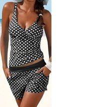 Womens Swimsuit Tankini Shorts Black White Polka Dot Swim 2 Pc Set-sz L 8/10 - £23.65 GBP