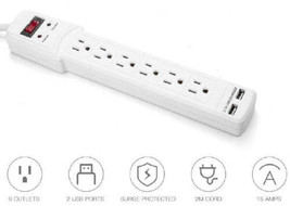 6-Outlet Surge Protector Power Strip with 2 USB Ports, 2m (6.56ft) - 900... - $17.48