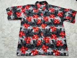 Street Culture Shirt Mens XL Black Red Flowers Button All Over Hawaiian VTG - $17.38