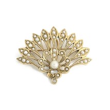 Vintage 1930&#39;s Seed Pearl Fan Brooch Pin Pendant 14K Yellow Gold, 7.19 G... - £779.22 GBP