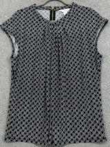 Navy Blue Geometric Print Blouse XL Short Sleeve Stretch Work Top - $21.77