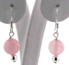 Round Rose Quartz Earrings, 925 Sterling Silver, pierced, french hook 1 pair 8mm - £13.79 GBP