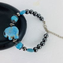 Turquoise Elephant Bracelet Crystal Black Hematite Silver Tone Boho Adjustable - £28.12 GBP