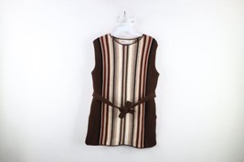 Vtg 70s Mid Century Modern Womens L Belted Crochet Knit Tunic Sweater Vest USA - £54.33 GBP