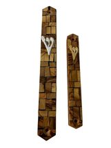 Vintage Holy Land Olive Wood Mezuzah Case Set Jerusalem Mosaic Inlay Jud... - $31.50