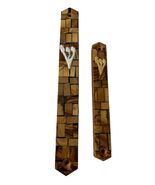 Vintage Holy Land Olive Wood Mezuzah Case Set Jerusalem Mosaic Inlay Jud... - $31.50