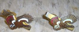 2 Tie Bars PHEASANT Flying Antique Enamel bird clasp gold color &amp; maroon - $30.11