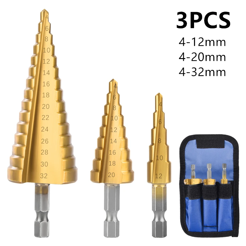 3 Pieces/Set Step Drill Bit 4-32mm 4-20mm 4-12mm HSS Titanium Coated Drilling Po - £181.91 GBP