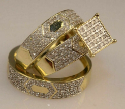 His Her Men Women Trio Moissanite Ring Set Wedding Bridal Band 14K Gold Plated - £175.08 GBP