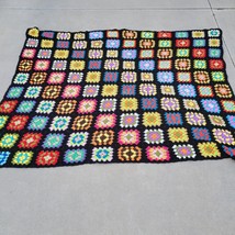 VTG Granny Square Black Afghan Crochet Throw Blanket Roseanne Big Bang 62 x 79 - £66.80 GBP