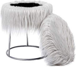 Round Grey Faux Fur Foot Stool Storage Ottoman With Silver Legs For Bedroom And - £69.51 GBP