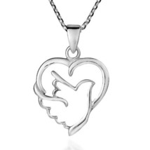 Dove of Love and Peace with Heart Pendant Necklace 14K White Gold Plated Silver - £24.25 GBP