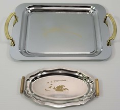 VC) Vintage Pair Stainless Silver Gold Tone Metal Serving Trays - £8.03 GBP