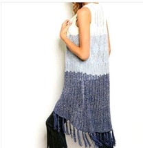 Entro Ombre Vest Knitted Blue Size Small Long Loose Fringed NEW - $14.84