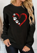 Womens Black Paw &amp; Heart Print Sweatshirt Casual Long Sleeve Crew Neck ~L~ - £8.13 GBP