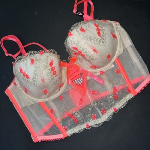 NWT Victoria&#39;s Secret 34C,34D,36C CORSET TOP BRA BEIGE ORANGE GOLD embro... - $49.49