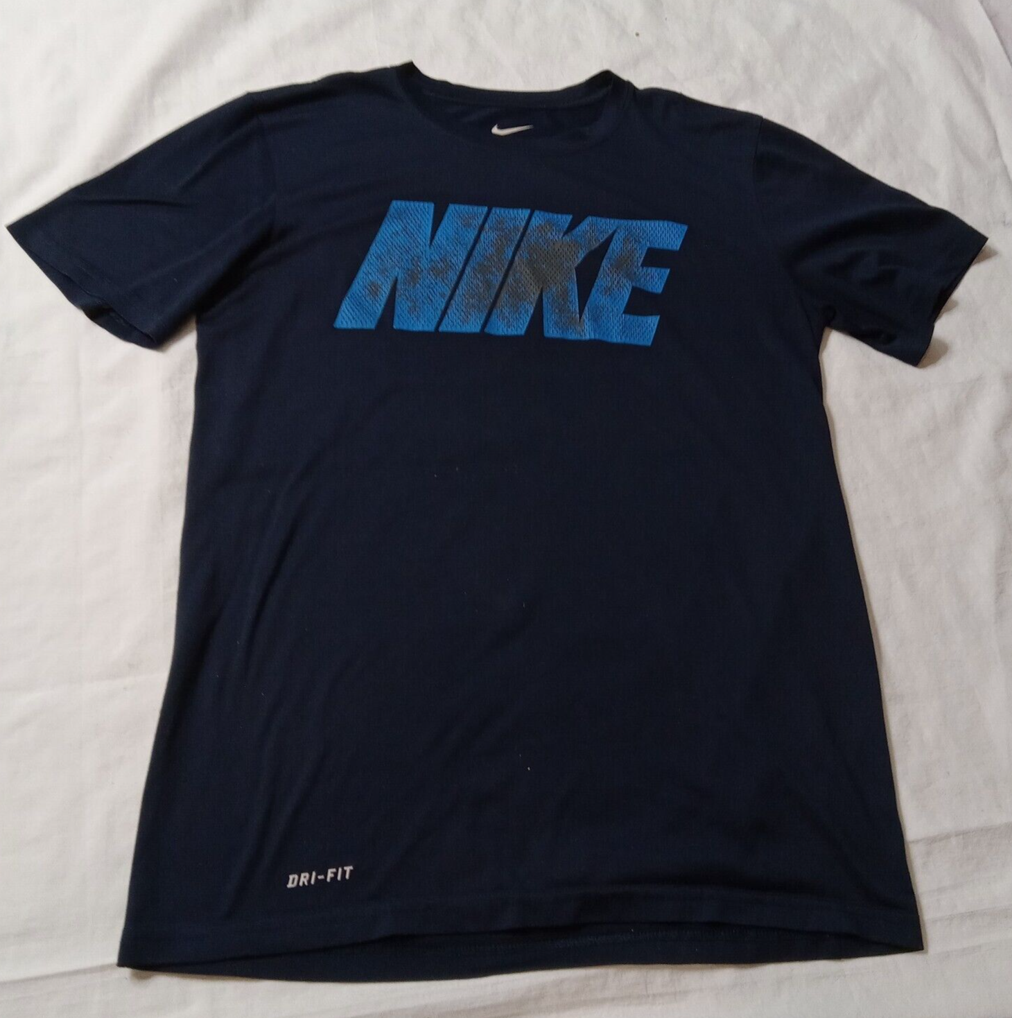 Primary image for Nike Men's Small  Navy Blue  Logo Short Sleeve Cotton Shirt Pinhead-Sized Hole