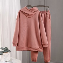 Women Solid Fleece Trauit And Hooded Jogger Pants Two Piece Set 2021 Autumn Wint - £62.86 GBP