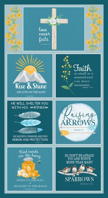 24&quot; X 44&quot; Panel Love Never Fails Bible Verses Blue Cotton Fabric D761.53 - $10.63