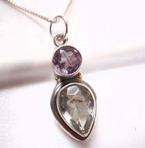 Amethyst and Green Amethyst Faceted Teardrop 2-Gem 925 Sterling Silver Pendant - £13.88 GBP