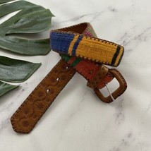 Womens Vintage Hand Made Tapestry Leather Belt Size XS Brown Colorful To... - $22.76