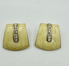 Vintage Dania Signed Earrings Marbled Yellow Rhinestone Stripe Goldtone - $239.38 MXN
