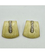 Vintage Dania Signed Earrings Marbled Yellow Rhinestone Stripe Goldtone - $12.99