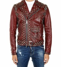 Patent Burgundy Party Studded Punk Metal Spiked Real Leather Handmade Jacket - £134.43 GBP