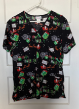 Scrubstar Festive Black Scrub Top with Holiday Prints Size L - $28.34 CAD