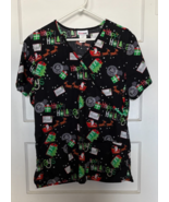 Scrubstar Festive Black Scrub Top with Holiday Prints Size L - $368.71 MXN