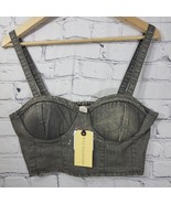 B.O.G. Collective Corset Bustier Top Size L Gray Crop Denim Smocked Back... - $19.79