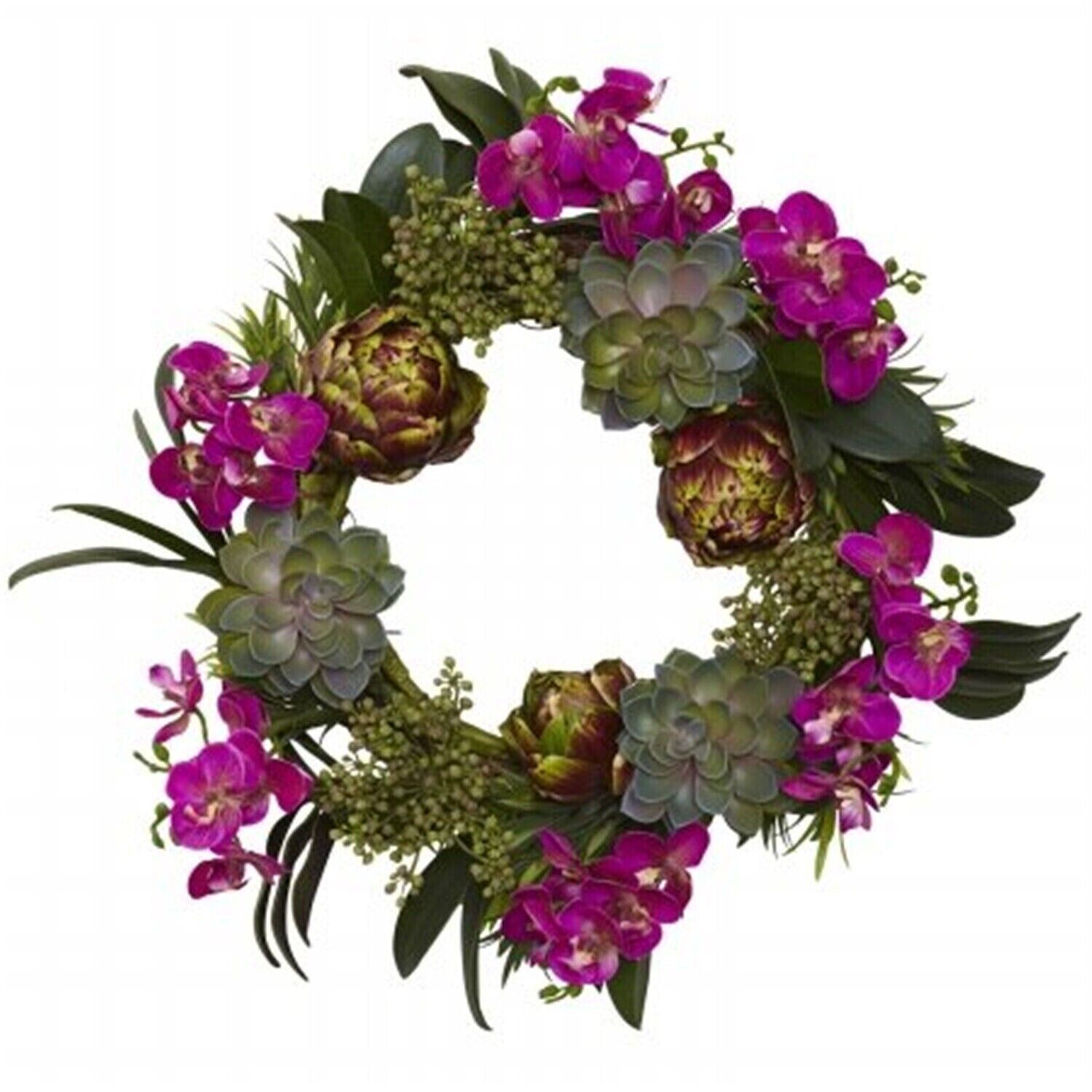 Nearly Natural 20" Orchid, Artichoke and Succulent Wreath C210615 - £67.43 GBP